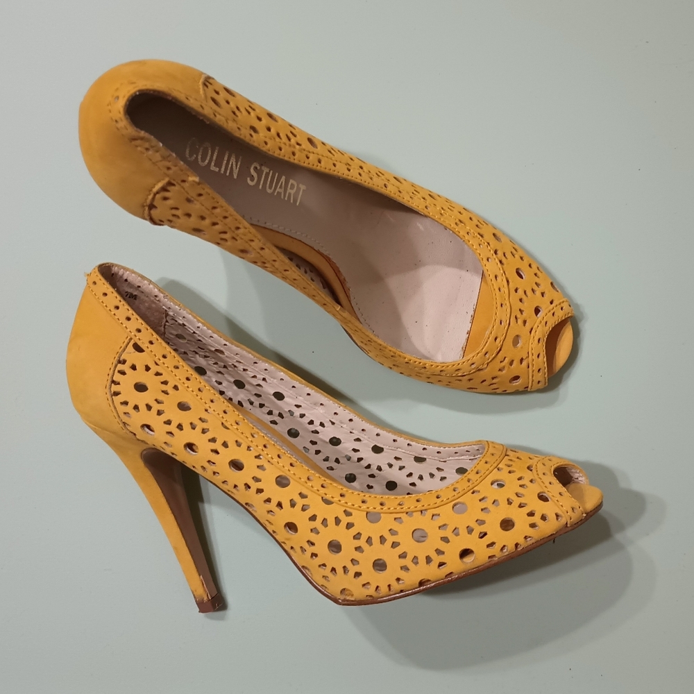 Colin Stuart Yellow Perforated Suede Stilettos
